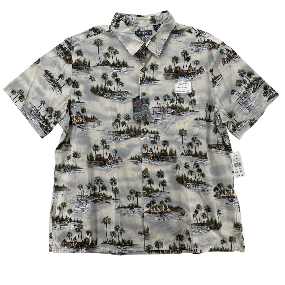 Campia Shirt Mens 2XL Tan Hawaiian Aloha Island Print Cotton Short‎ Sleeve NWT